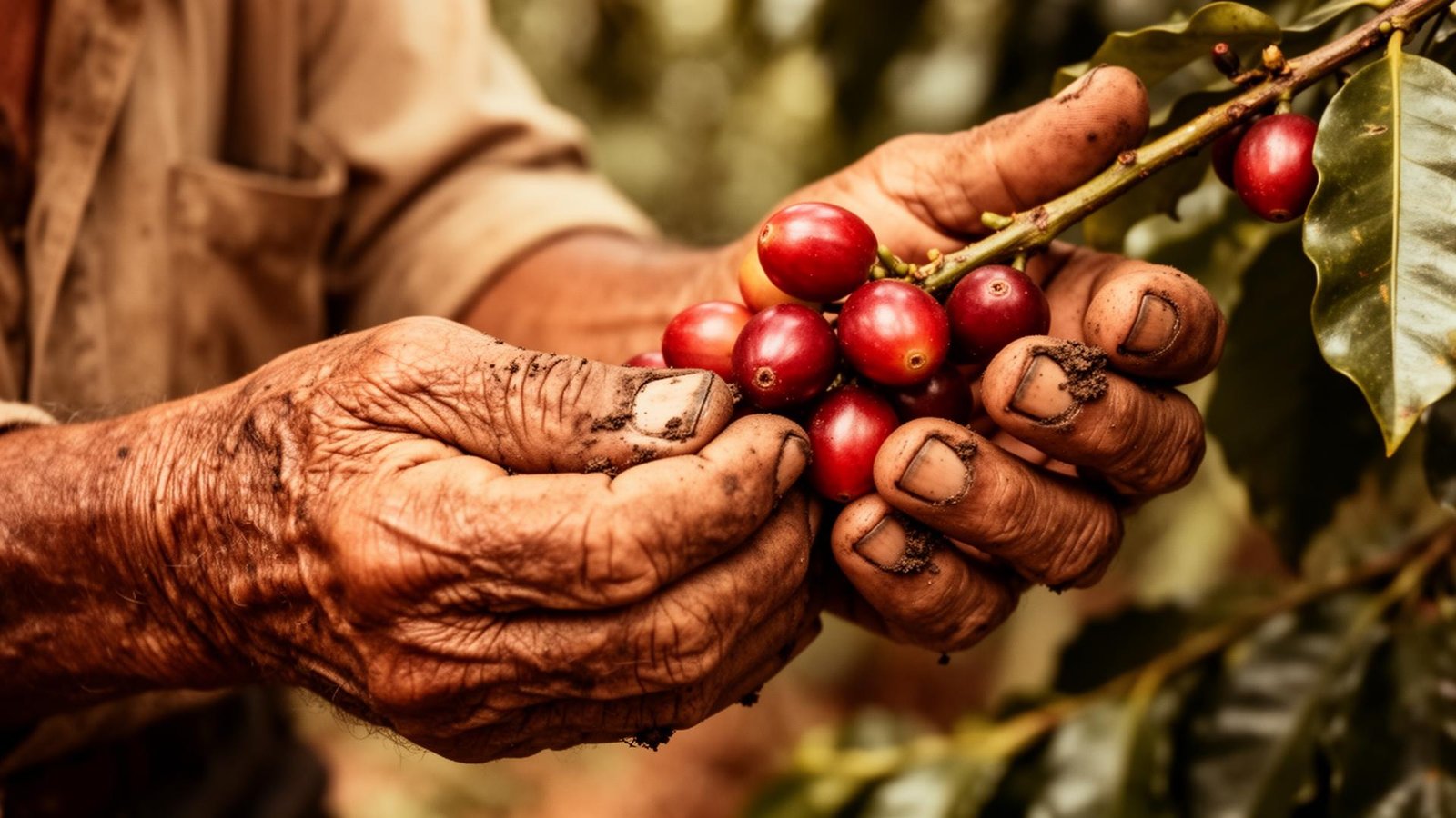 Hands holding ripe coffee cherries